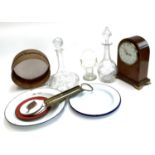 A cut glass ships decanter and one other; together with a jam thermometer and four enamel plates;