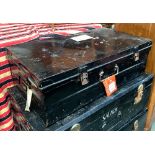 A black painted metal travel trunk, with loop carry handles, 81cmW