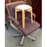 An Allen & Overy bent ply swivel office chair; together with a footstool with rope seat