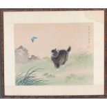 A Chinese painting on silk of a cat watching a butterfly, in faux bamboo frame, 27x35cm
