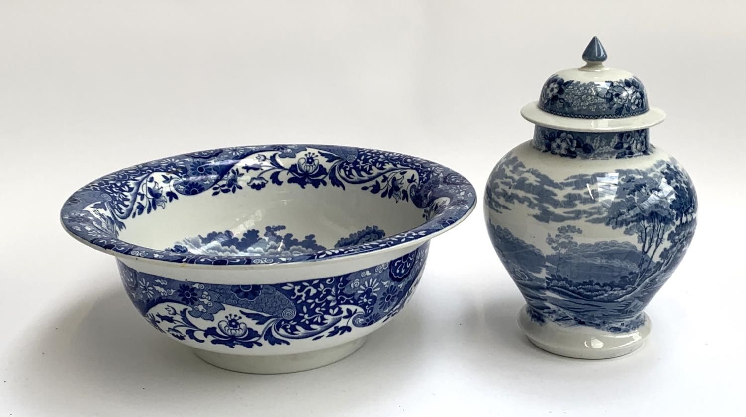 A Spode washbowl 36.5cmD; together with a blue and white lidded urn (2) - Image 2 of 2