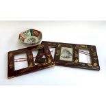 Two oriental lacquered picture frames; together with a hexagonal Oriental bowl, marks to base