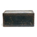 A tin lined pine and metal banded travel trunk, the top marked H.R Sykes, 96x50x43cm