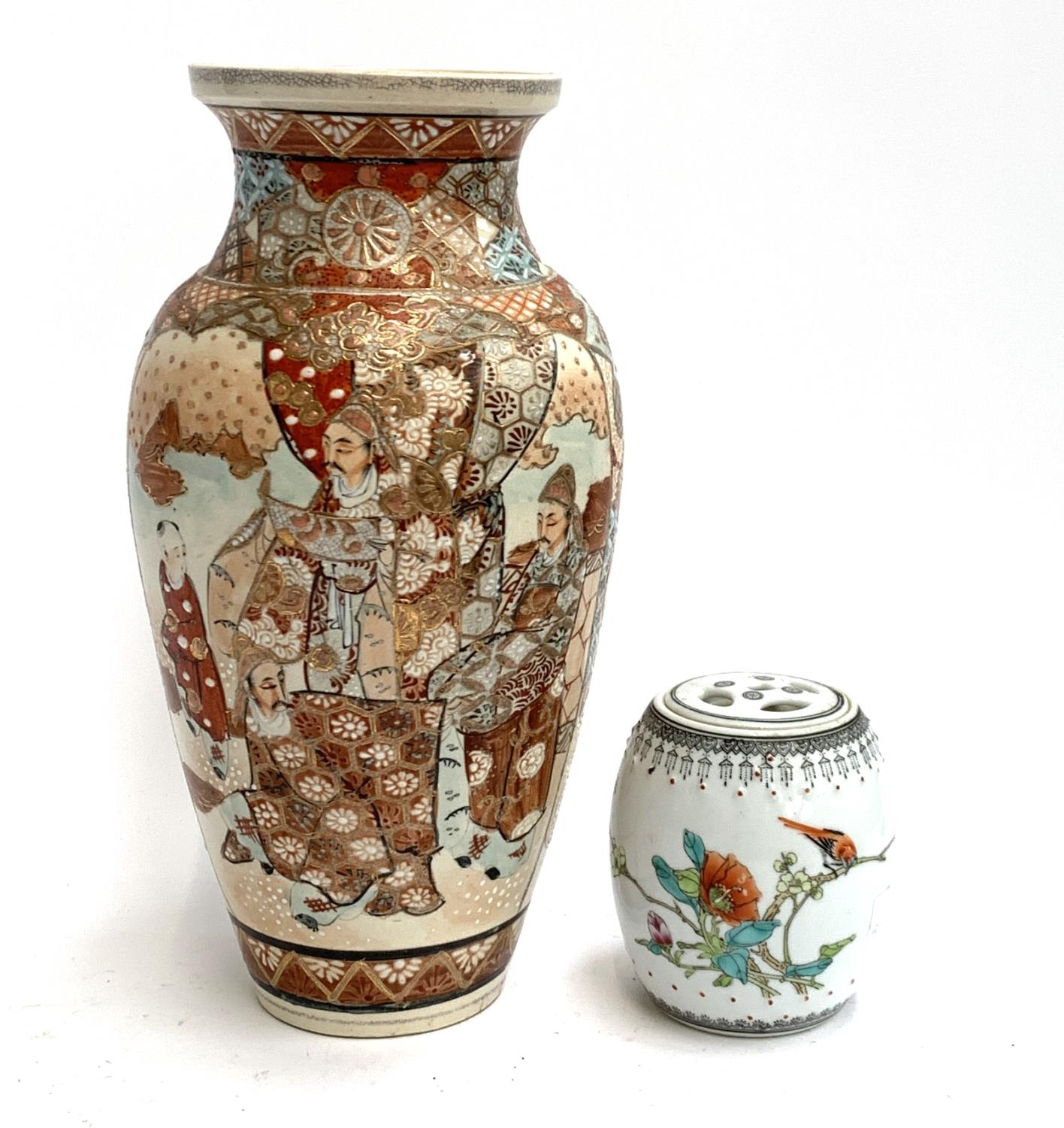 A Japanese satsuma style vase depicting court scenes, heightened in gilt, 33cmH, together with one - Image 2 of 2