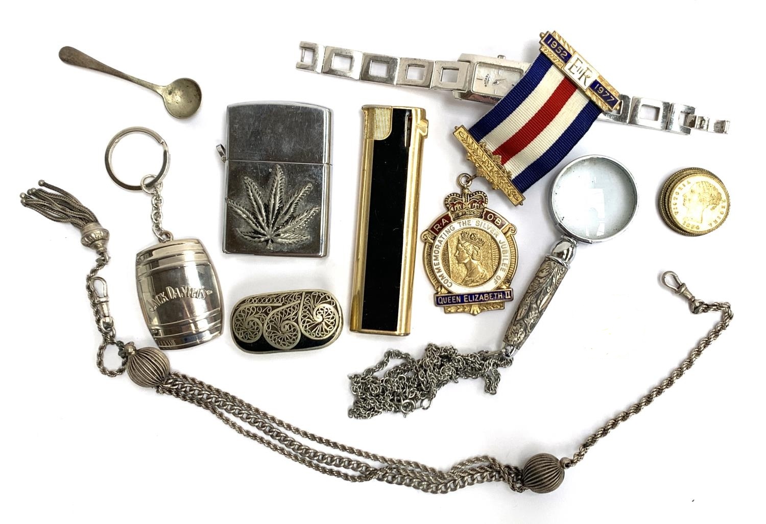 A mixed lot of interesting things to include white metal lidded pot; silver masonic medal; white met