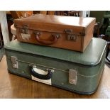 A green vintage suitcase, 56cmW; together with a gents overnight case, 41cmW