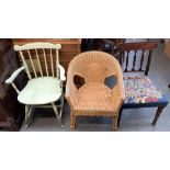An unusual stickback kitchen chair; together with a wicker occasional chair and one other