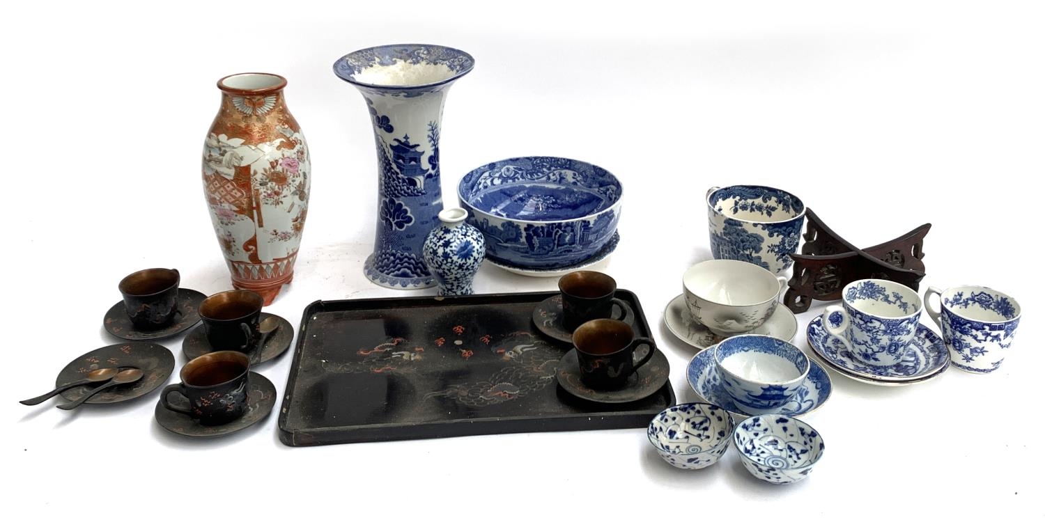 A mixed lot to include black Japanned teacups, saucers and tray; Japanese Satsuma style vase; blue