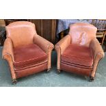 A pair of 1920s leather and vinyl club chairs, each approx. 80cmW and 90cm deep