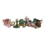 A mixed lot to include onyx items, green glass fishermans float, hardstone decorative flower etc