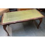 20th century coffee table with green leather inset top on cabriole legs, 90cmW