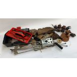 Falconry interest, a collection of various hoods, gloves, cord, whistle, radio etc