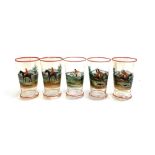 A set of five hand painted glass tumblers decorated with huntsman and hounds