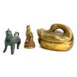 A cast metal foo dog; thai figure and brass swan tureen (3)