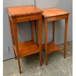 Two Edwardian satinwood lamp tables, one with single drawer, each raised on square tapered legs