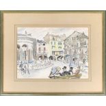 20th century watercolour of a continental piazza, 27.5x38cm