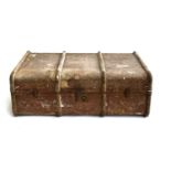 A canvas and wood banded travel trunk, marked D.W Vicary, with side carry handles, 90cmW