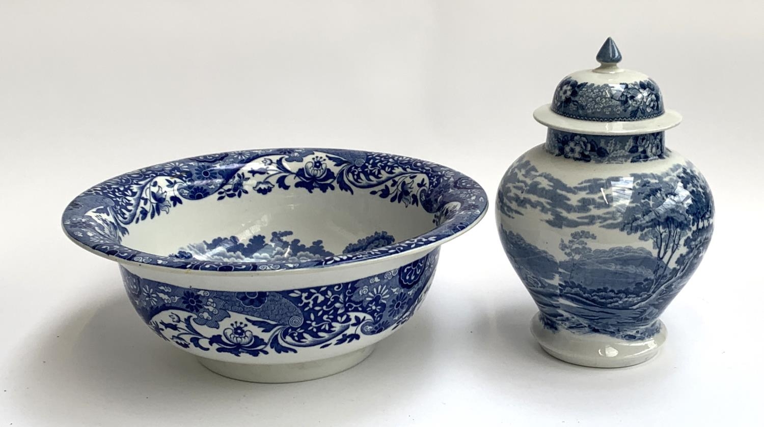 A Spode washbowl 36.5cmD; together with a blue and white lidded urn (2)