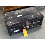 Two black painted metal travel trunks, one marked Salmon no.2, each 63cmW
