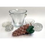 A mixed lot to include heavy glass wine cooler, several cut glass dishes, and rose quartz grapes