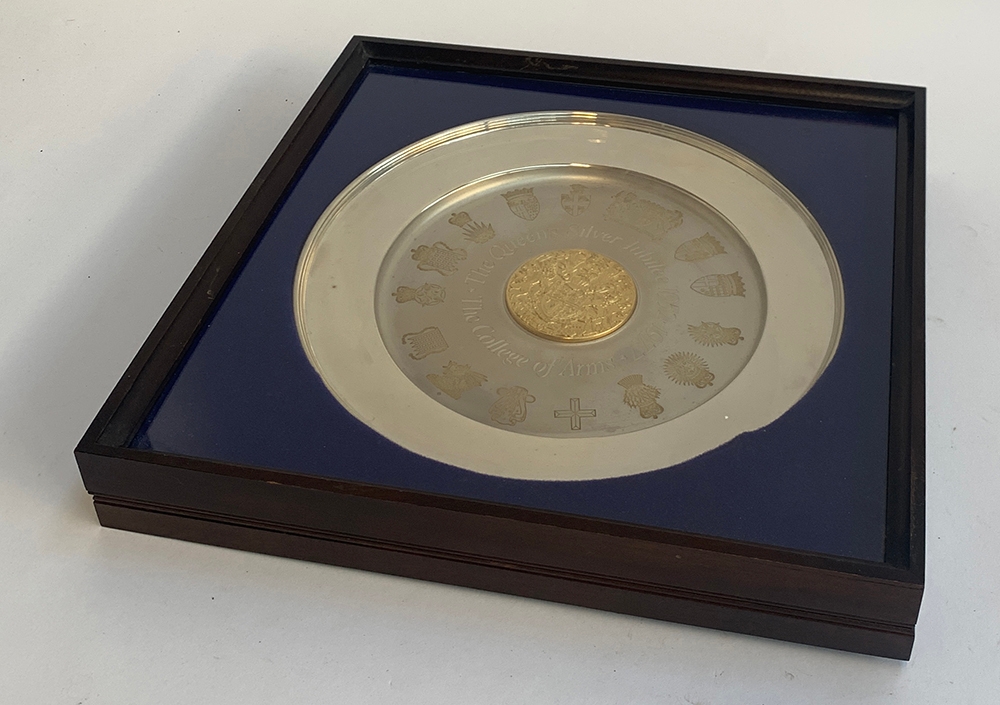 A silver and silver gilt commemorative plate 'The College of Arms, The Queen's Silver Jubilee 1952-