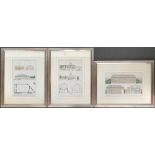 Three framed French architectural prints, hand coloured, each approx. 39x25cm