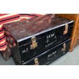 A black painted metal travel trunk, with loop carry handles, marked Salmon No.5, 92cmW