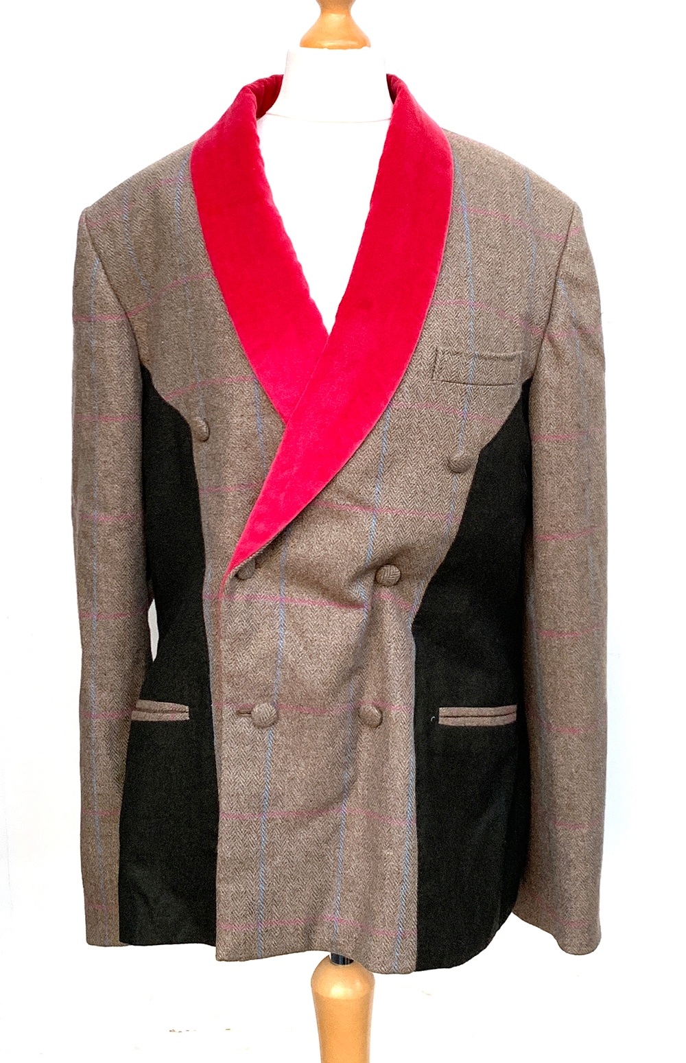 A gents double breasted tweed suit with velvet shawl collar and wool panels; together with a pair of