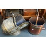 A copper and brass coal bucket, together with a chased brass coal scuttle