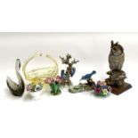 A mixed lot of ceramics to include Coalport and Crown Staffordshire encrusted flowers; Owl figure;