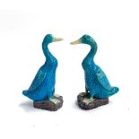 A pair of Chinese ceramic blue glaze duck figures, one af, 21cmH