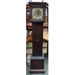 A small oak longcase clock, silvered Roman numerals on silvered chapter ring, with applied gilt
