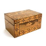A parquetry sewing box, with various contents to include buttons, 27cmW