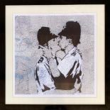 After Banksy, 'Kissing Coppers', framed and glazed, 42x42cm