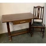 A small oak table on refectory style base, 106x66x72cmH; together with an oak dining chair