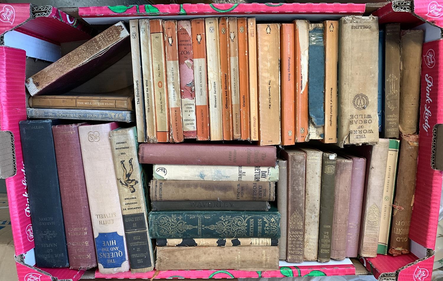 A mixed box of books, some Penguin paperbacks, to include Evelyn Waugh, Daphne De Maurier, Edith