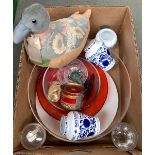 A mixed box of items to include glass and perspex bowls, an onyx egg in the form of an elephant, a