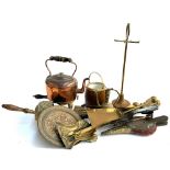 A mixed box of brass and copper items to include kettle, trivet, fire tools, bellows, etc