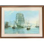 After Montague Dawson, a colour print of a tall ship, 50x75cm, together with a pair of maritime