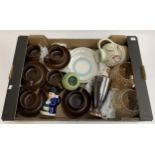 A mixed box of ceramics to include Poole Pottery, Guy Sydenham?s pottery, an Art Deco vase and a