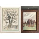 A 20th century watercolour, a tree in a graveyard, 41x29cm, together with one other of Stonehenge,