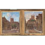 A pair of 20th century British street scenes depicting 2 aspects on a church, signed indistinctly '