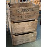 Three vintage apple crates, stamped Johnston, Stoke Abbott, each 53cmW