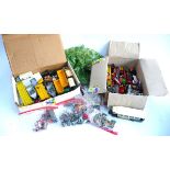 2 boxes of Corgi, Matchbox, Dinky, Britains die-cast models, including motorbike, military, fire