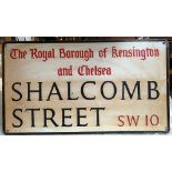 A reproduction London street sign, 'The Royal Borough of Kensington and Chelsea, Shalcomb Street