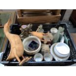 A mixed box to include several vintage bottles, marbles, pestle and mortar, carved wooden ducks etc