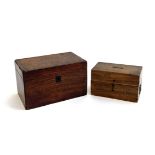 A George III mahogany veneer tea caddy, 20 cmW, together with a small money box