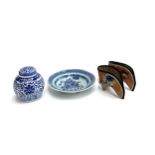 A pair of Chinese embroidered Lotus shoes, Chinese ginger jar, and a blue and white dish with staple