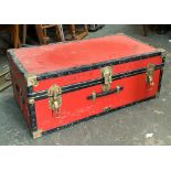 A red travel trunk, marked Hattie Barrow, 83cmW