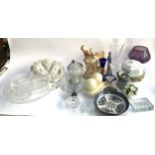 A mixed lot to include various glass and ceramics, cherub wall planter, alabaster book ends, spill